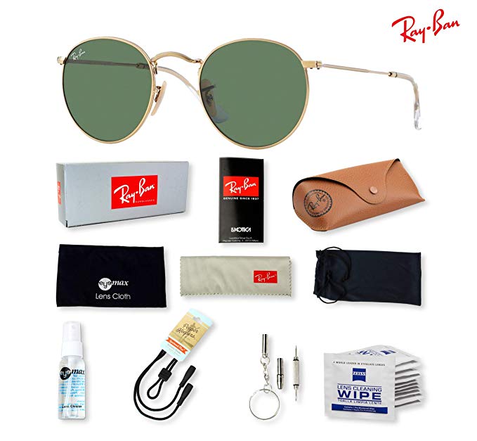 Ray-Ban RB3447 Round Metal Sunglasses with Deluxe Eyewear Accessories Bundle
